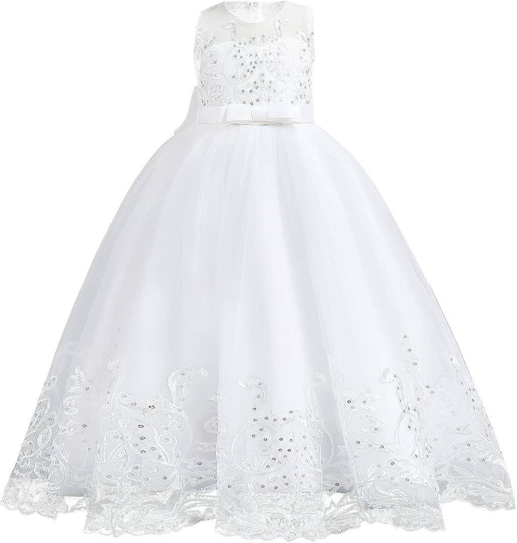 Flower Girl Lace Dress for Kids Wedding Bridesmaid Pageant Party Formal Long Gown Princess Communion Tulle Bow Dresses, White 9-10Y