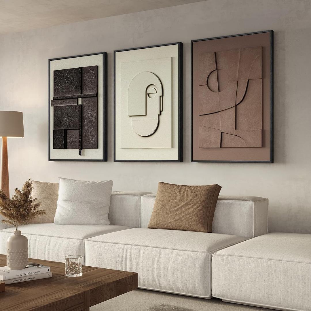Large 3D Textured Framed Abstract Wall Art for Living Room, 3 Piece Modern Paintings Artwork for Walls, Black White Brown Geometric Sandstone Texture Pictures for Hallway Office Home Decor 24x36 In, 24"W x 36"H x 3Pcs