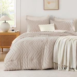 Andency Linen Comforter Set Queen Size, Boho Soft Warm Tufted Bedding Comforter Sets for Queen Size Bed, 3 Pieces Aesthetic Chevron Farmhouse Cute Bohemian Textured Bed Set