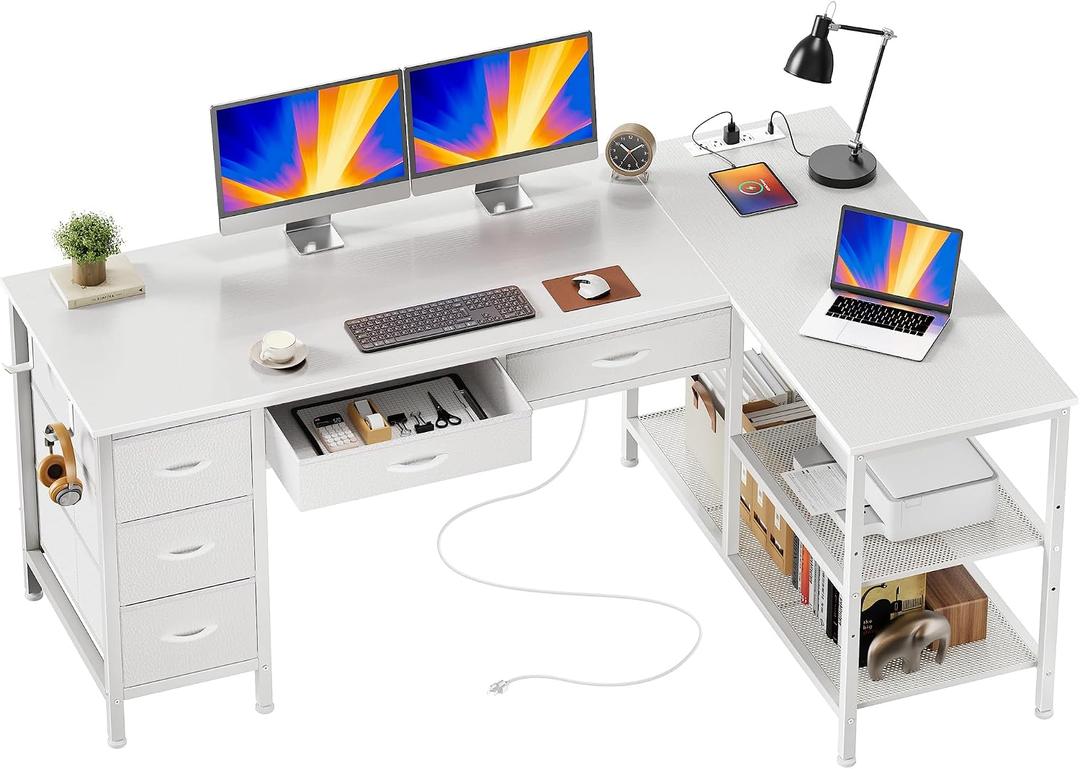 PRAISUN 55 Inch L Shaped Desk with Power Outlets, 5 Fabric Drawers