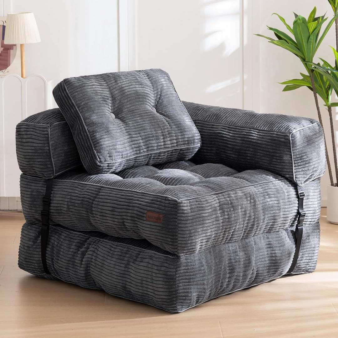 MAXYOYO Folding Sofa Bed, L-Shaped Convertible Sofa Bed with Armrest Foldable Sleeper Sofa with Pillow, Portable Fold Out Chair Bed Comfy Floor Lounge for Living Room Bedroom, Dark Grey, Single
