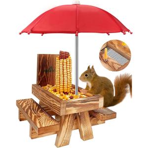 MIXXIDEA Squirrel Feeder Picnic Table with Tall Umbrella, Wooden Squirrel Feeders for Outside, Cute Chipmunk Feeder with Corn Cob Holder, Solid Structure, Thick Wood (Rustic Brown Red Umbrella) (Brown-1)