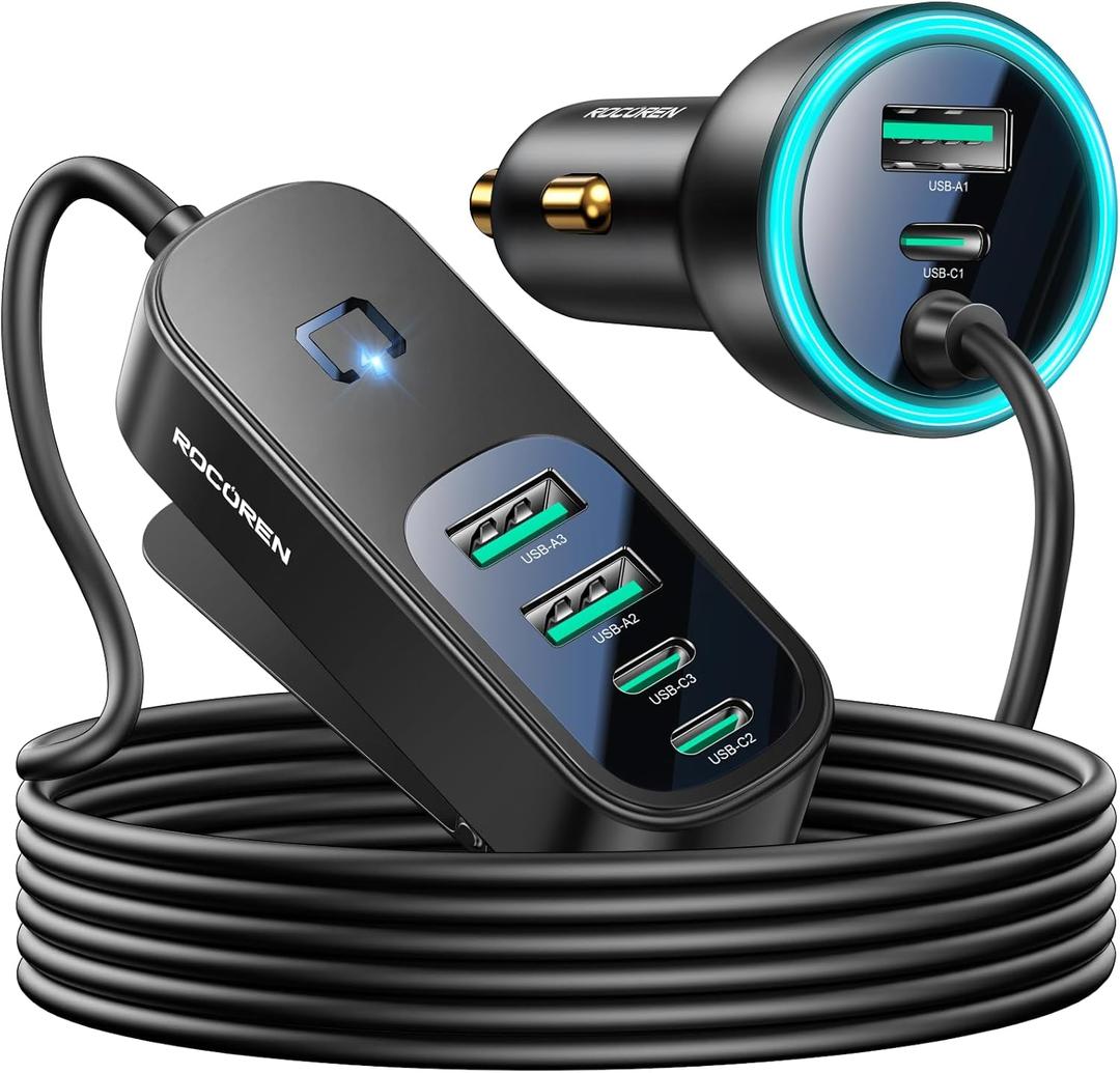Rocoren 105W 6-Port Multiport Car Charger, PD Fast USB C Car Charger for Multiple Devices, Cigarette Lighter Adapter Car Travel Essentials for Road Trips with 5FT Cable for iPhone 16/15, Samsung S25