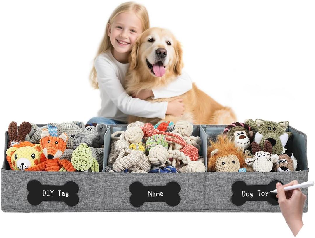 Qozary Large Dog Toy Basket with Diy Tag - Collapsible Dog Toy Bin, Fabric Personalized Pet Toy Box, Trapezoid Storage and Organizer for Pet Supplies (Large 35.4"x11.8", Gray)