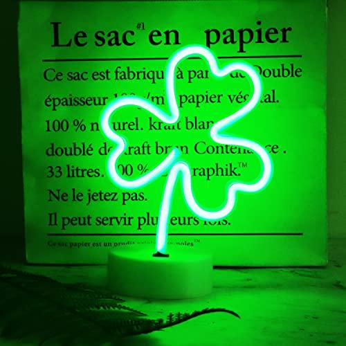 Curyidy Neon Signs Shamrocks Shaped St. Patrick's Day Decorations, Green LED Clover Neon Lights for Bedroom Decor Battery/USB Operated Night Lights for Home Tabletop Lamp