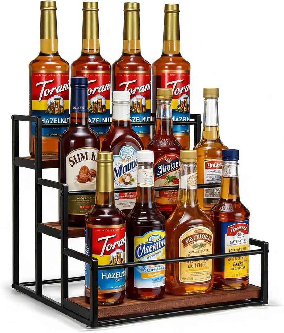 THYGIFTREE Coffee Syrup Rack Organizer 3-Tier 12 Syrup Bottles Holder Stand for Coffee Bar Station Storage Shelves for Syrup, Wine, Dressing for Kitchen Countertop