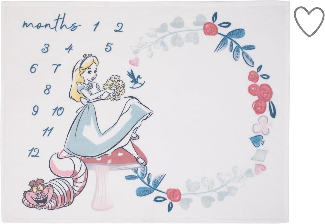 Disney Alice in Wonderland White, Pink, and Blue Cheshire Cat Super Soft Photo Op Milestone Baby Blanket