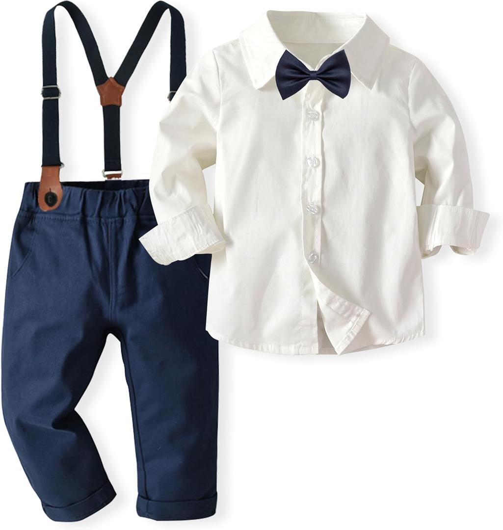 Volunboy Boys Clothes Set Toddler Gentlemen Wedding Suit Long Sleeve Bowtie Formal Dress Shirts Suspenders Pants Outfits (3-4T, Beige)