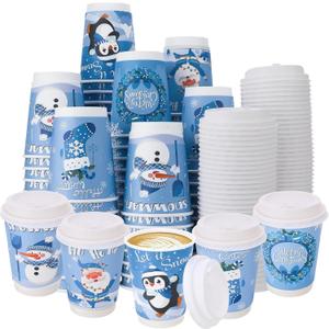 100 Pcs Christmas Coffee Paper Cups with Lids 12 oz Kraft Paper Hot Cocoa Chocolate Cups For Christmas Winter Holiday Party Supplies Blue
