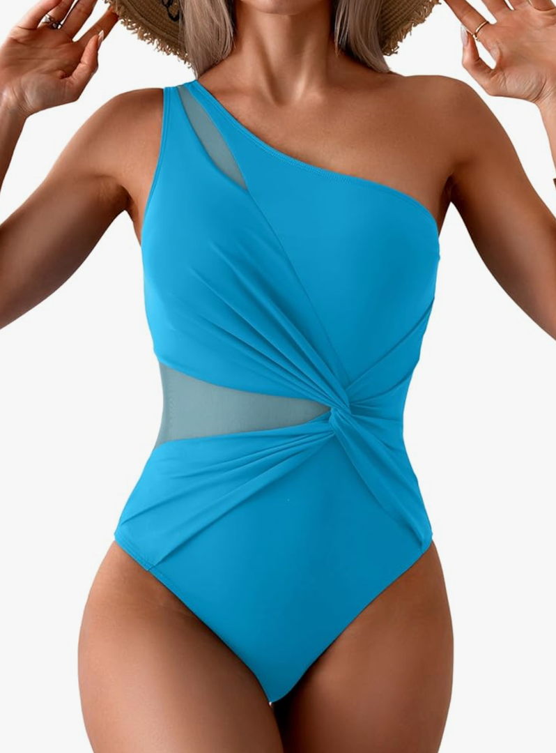 Aidonger One Shoulder One Piece Swimsuit for Women Mesh Tummy Control Bathing Suit Twist Swimwear Grey Blue XL
