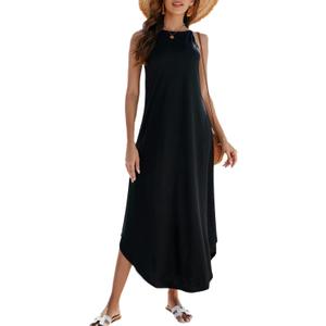 Halife Women's Summer Casual Sleeveless Beach Dress Long Halter Side Slit Maxi Sun Dresses (Medium, 1-black)
