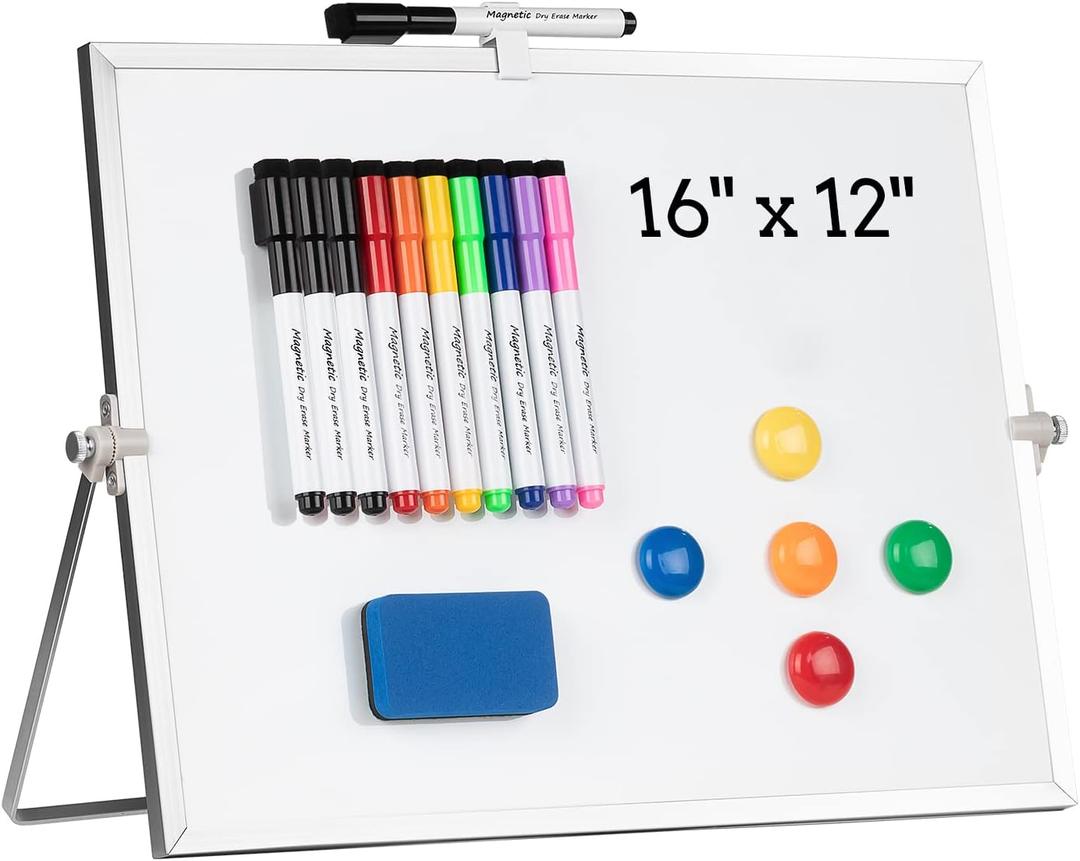 Dry Erase White Board, Cazeyoo Magnetic Desktop Whiteboard 16 x 12inch with Stand, 10 Markers, 4 Magnets and 1 Eraser, Portable Double-Sided White Board for Kids Drawing, Office, Home, School (Metal)