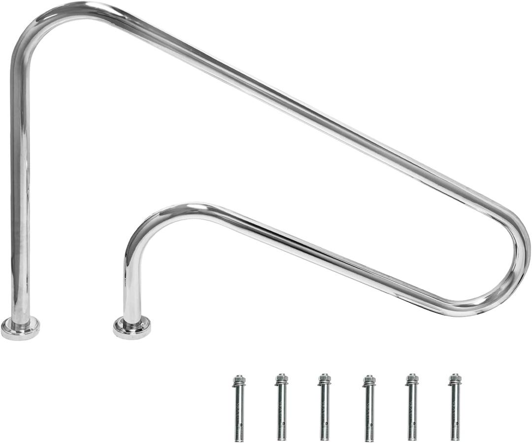 Pool Handrail 47x 30, Stainless Steel Swimming Pool Hand Rail Pool Stair Rail Above Ground with Base Cover Silver Rustproof Swimming Pool Accessories for Indoor/Outdoor Pools, SP-3002