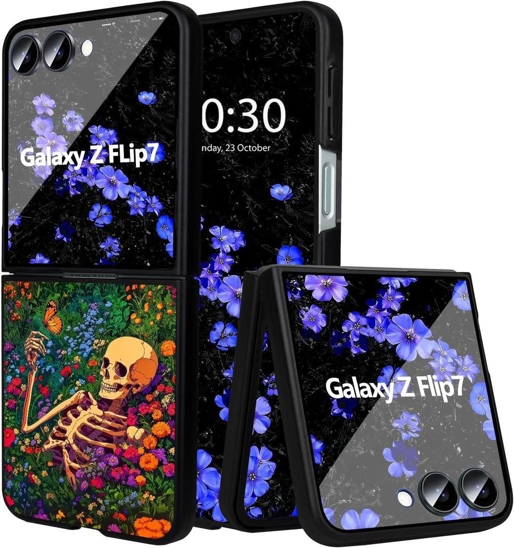 for Z Flip 7 Case [Compatiable with Magsafe] [Glow in The Dark] Slim Fit Cute Lovely Floral Luminous Back Military Drop Protection Aesthetic Samsung Z Flip 7 Case MagsafeFlower Skull 