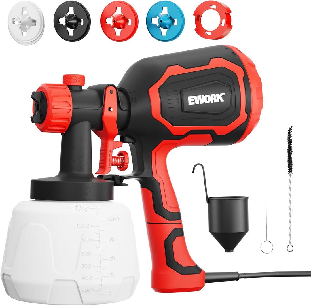 EWORK Paint Sprayer,1000W HVLP Electric Spray Paint Gun,4 Nozzles and 3 Spray Patterns,1400ml High Capacity Container,180 Din/s, Easy to Clean,for Furniture, Cabinets, Decks, Walls, Doors, DIY (Red)