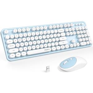 MOFII Wireless Keyboard and Mouse Combo, Computer Full Size 2.4G Plug and Play Wireless Typewriter Retro Round Keyboard and Mouse Set for Windows, Computer, Desktop, PC, Notebook - (Light Blue)