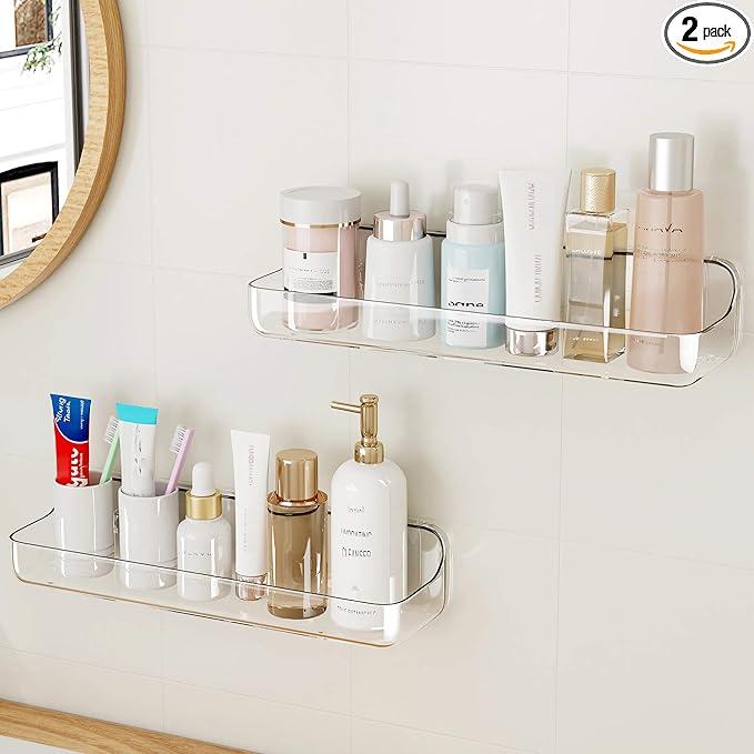 UDD Acrylic Clear Shower Caddy Adhesive Shelf, 2pc Plastic Shower Organizer with Self Adhesive Tape, No Drilling Wall Mount Shower Shelves for Bathroom Kitchen, Transparent