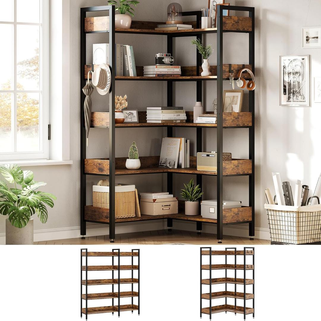 GarveeHome Corner Bookshelf, 5-Tier Bookshelves with 4 Hooks, Convertible Bookshelf, Industrial Wooden Bookcase with Open Shelves and Metal Frame for Living Room, Bedroom, Home Office, Rustic Brown