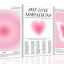 KISSFOX 3 Piece Canvas Wall Art Pink Bow Heart Wall Decor Aura Framed Art Angel Number Self Love Affirmations Pictures Trendy Aesthetic Preppy Paintings For Apartment Dorm Women Girls Bedroom