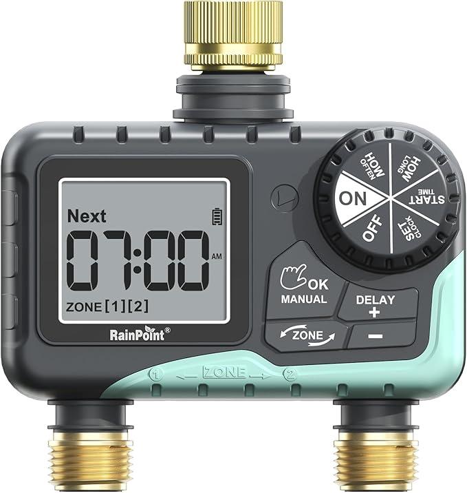 RAINPOINT 2 Zone Sprinkler Timer with Brass Inlet and Outlet - Water Timer for Garden Hose with Rain Delay/Manual Watering/Automatic Irrigation Controller System - Water Hose Timer for Yard Lawn