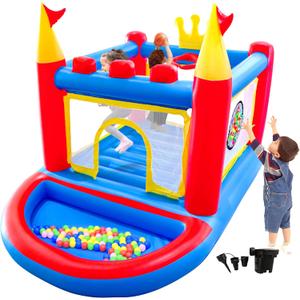 Inflatable Bounce House with Blower, PVC Bouncer for Kids Ages 3-8, Indoor and Outdoor Bouncy Playhouse, Jumping Castle with Pump, Ball Pit, Ringtoss and Target Game, Bouncer for 3 Kids