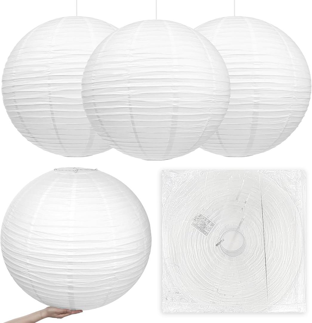 Woanger 4 Pack 30 Inch Large Paper Lantern Shade Jumbo White Japanese Chinese Round Hanging Japanese Paper Lantern Lamp for Home New Year's Eve Valentines Wedding Party Ceiling Decoration