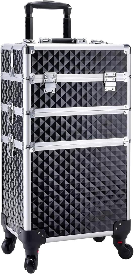Adazzo 3 in 1 Professional Rolling Makeup Train Case Aluminum Trolley Case with 360 Rotation Wheels for Makuep Artist Cosmetic Suitcase Organizer with Lock and Key Diamond Pattern - Black