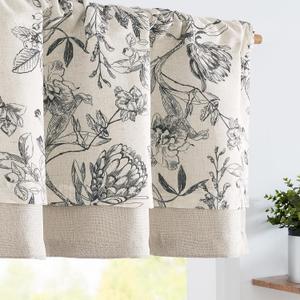 jinchan Linen Floral Valance for Windows Blackout Double Layer Valance Curtain 16 Inch Length for Living Room Bathroom Overlay Botanic Farmhouse Room Darkening 1 Panel Black on Beige