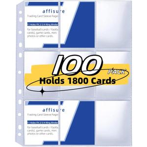 9 Pocket Card Sleeves, Holds 1800 Cards, Trading Card Binder Sleeves, 3 Ring 9 Pocket Pages for Sports Cards, Coupons Cards, 100 Pack, Game