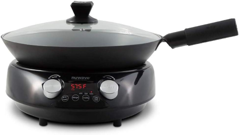 Nuwave Mosaic Induction Wok, Precise Temp Controls from 100F to 575F in 5F, Wok Hei, Infuse Complex Charred Aroma & Flavor, 3 Watts 600,900 & 1500, Authentic 14-inch Carbon Steel Wok Included,Black
