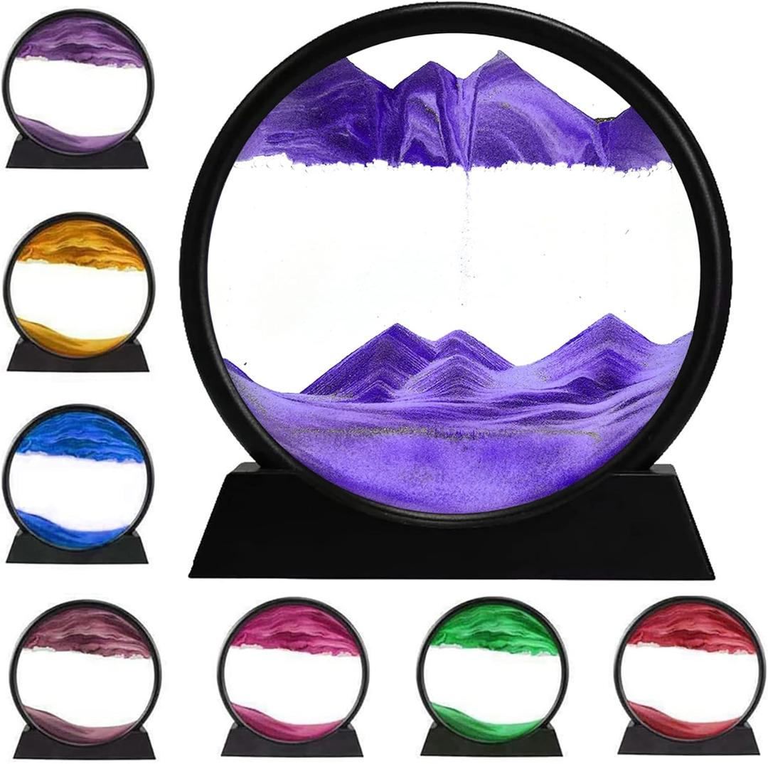rysnwsu 3D Dynamic Sand Art Liquid Motion, Moving Sand Art Picture Round Glass 3D Deep Sea Sandscape in Motion Display Flowing Sand Painting Relaxing Desk Toys (Purple, 7'')
