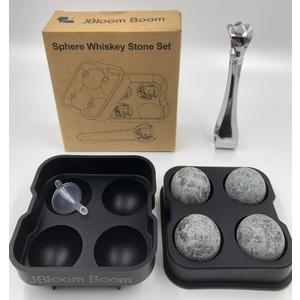 Whiskey Stones Set Include 4 Large Sphere Granite Whiskey Rocks + Silicone Ice Cube Tray + Stainless Steel Tong. Large and Reusable Whiskey Stone Could chill Your Whiskey & Beverage Longer