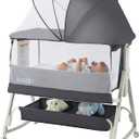 NiBaby Multifunctional 3-in-1 Baby Bassinet for Bedside Sleep, Nursing & Rocking - Adjustable Height, Breathable Mesh, Portable Design with Mosquito Net, Safe & Supports Independent Sleep (Black)