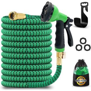 J&B XpandaHose 150ft Expandable Garden Hose with Holder - Heavy Duty Superior Strength 3750D - 4 -Layer Latex Core - Extra Strong Brass Connectors and 10 Spray Nozzle w/Storage Bag (Green 150)