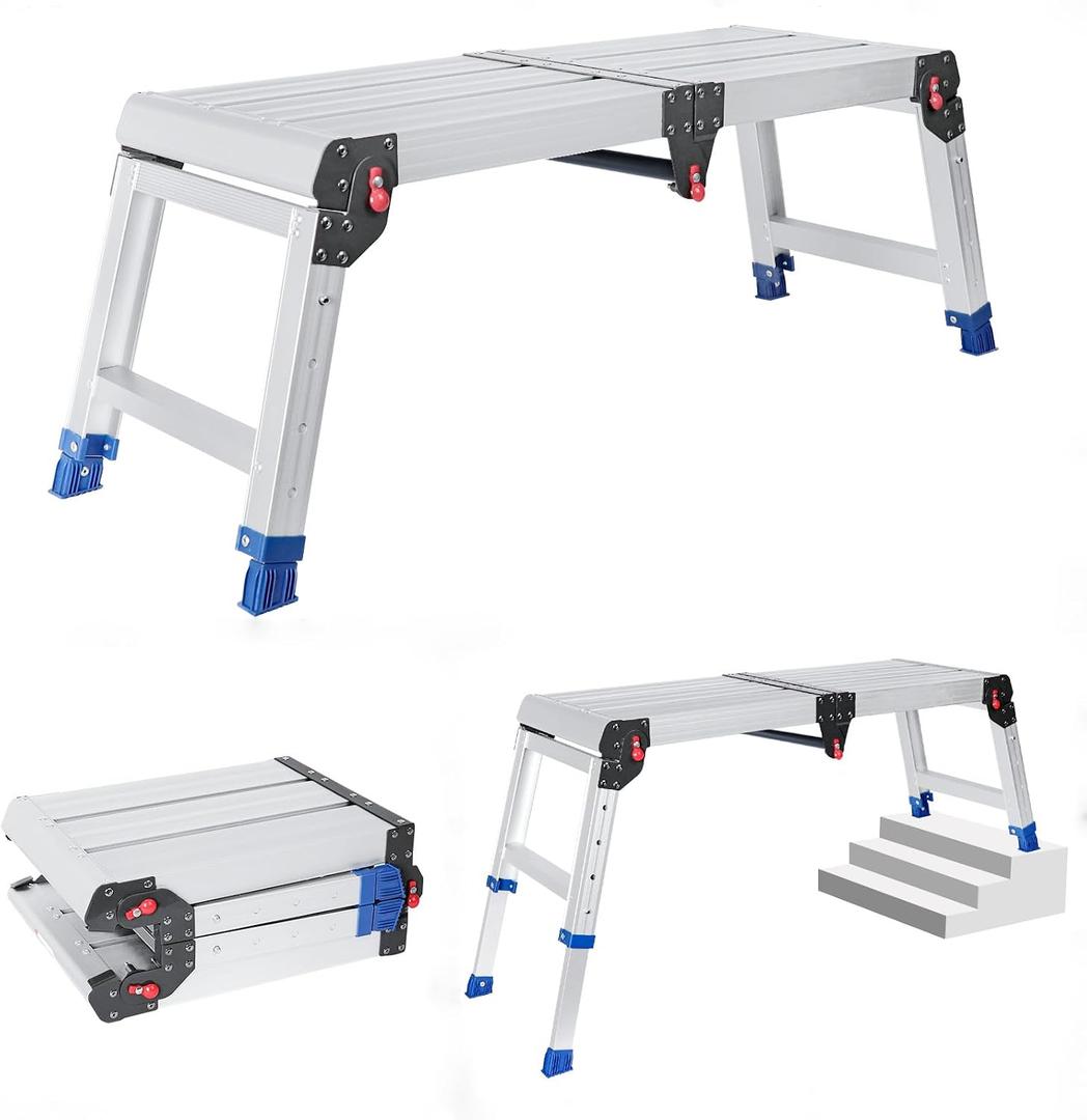 Foldable Aluminum Work Platform, 12.7 lb, Easy-Installation, Capacity of 500 lbs, Non-Slip, Step Stool for Adults with Adjustable Height, Heavy Duty & Portable Step Ladder