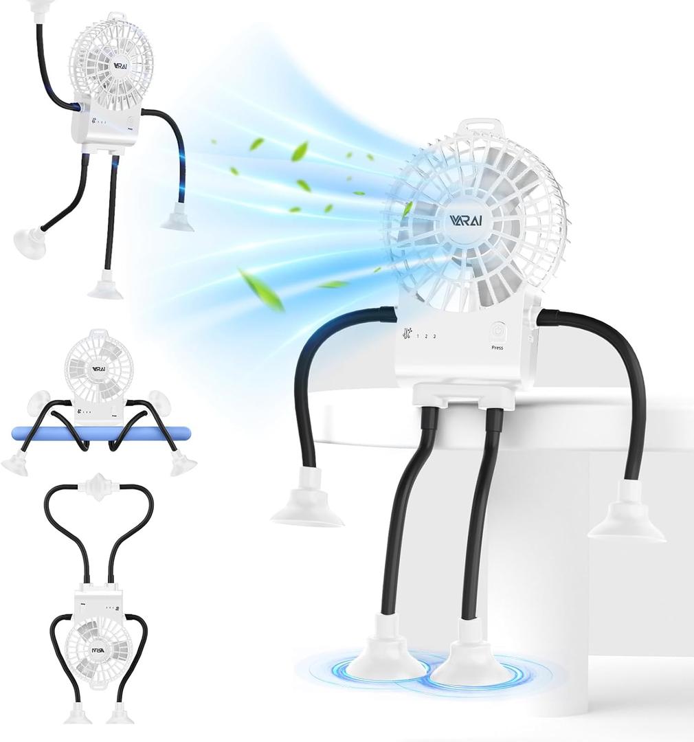 Freestyle Small Robot Fan, Fun Desk Fan with Suckers, Rechargeable Portable Fan and Phone Stand 2 in 1 for Office, Travel and Cars (White)