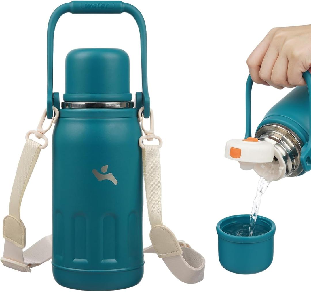 Insulated Water Bottle with Handle and Strap, Vacuum Travel Tumbler with Cup Lid, Thermo Coffee Cup for Hot Cold Drinks 27 OZ, Lake Blue