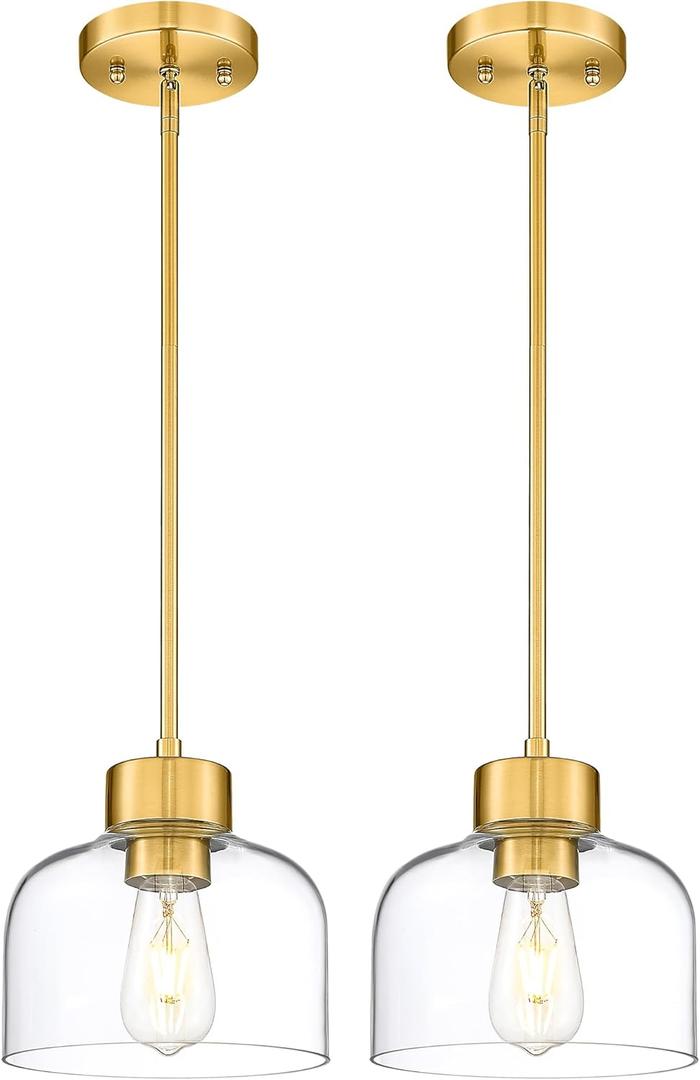 2-Pack Pendant Lights Kitchen Island, 8" Brushed Gold Hanging Light Fixtures with Clear Glass Shade, Modern Brass Kitchen Pendant Lighting Over Island for Dining Room, AD-24024-1P2L-GD
