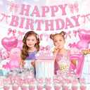 46Pcs Pink Bow Birthday Party Decorations Include Happy Birthday Banner-Cake Topper-Cupcake Toppers-Balloons-Backdrop for 7th Birthday Decorations for Girls