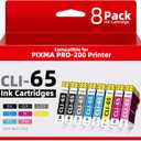 CLI-65 Ink Cartridges with Chip for PIXMA PRO 200 Printer | Replacement for Canon CLI-65 Ink Cartridge | Compatible with PIXMA PRO-200S Printer | 8 Color Pack (1BK, 1C, 1M, 1Y, 1PC, 1PM, 1GY, 1LGY)