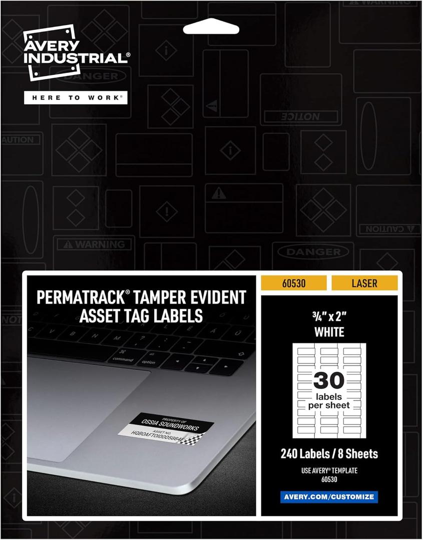 Avery White Asset Tag Labels, 3/4" x 2", Tamper-Evident Laser Printable Tags, 240 Waterproof Labels (60530)