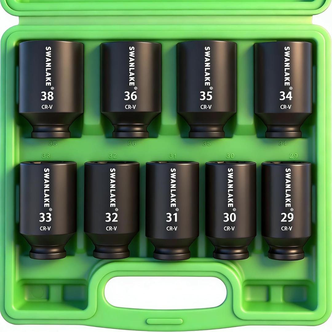 SWANLAKE 9-Piece 1/2" Impact Axle Nut Socket Set, Deep Metric Large Socket Set, 29mm 30mm 31mm 32mm 33mm 34mm 35mm 36mm 38mm, Cr-V Spindle Joint High Torque Wheel Nut Sockets