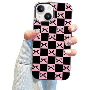 Jusy Compatible with iPhone 15 Case Cute Cool Checkerboard Checkered Bow Pattern with Pink Black Design for Girls Women Soft TPU Shockproof Protective for iPhone 15 - Checkered Bow