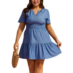 Women's Plus Size Denim Dress Short Sleeve V Neck Short Dress Ruffle Hem Boho Casual Jean Dresses (3X, Light Blue)