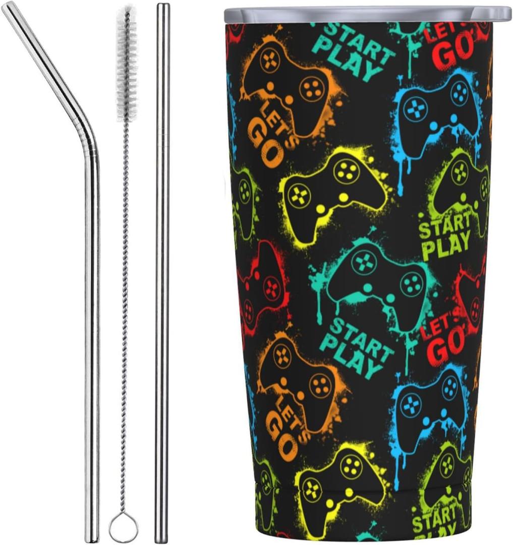 Yobvec Gaming Tumbler Cup with Lid and Straw, 20 Oz Stainless Steel Insulated Gamer Mug Gaming Accessories