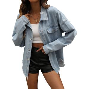 happlan Women's Ripped Distressed Casual Denim Jacket Jeans Coat Plus Size Oversize (Medium)
