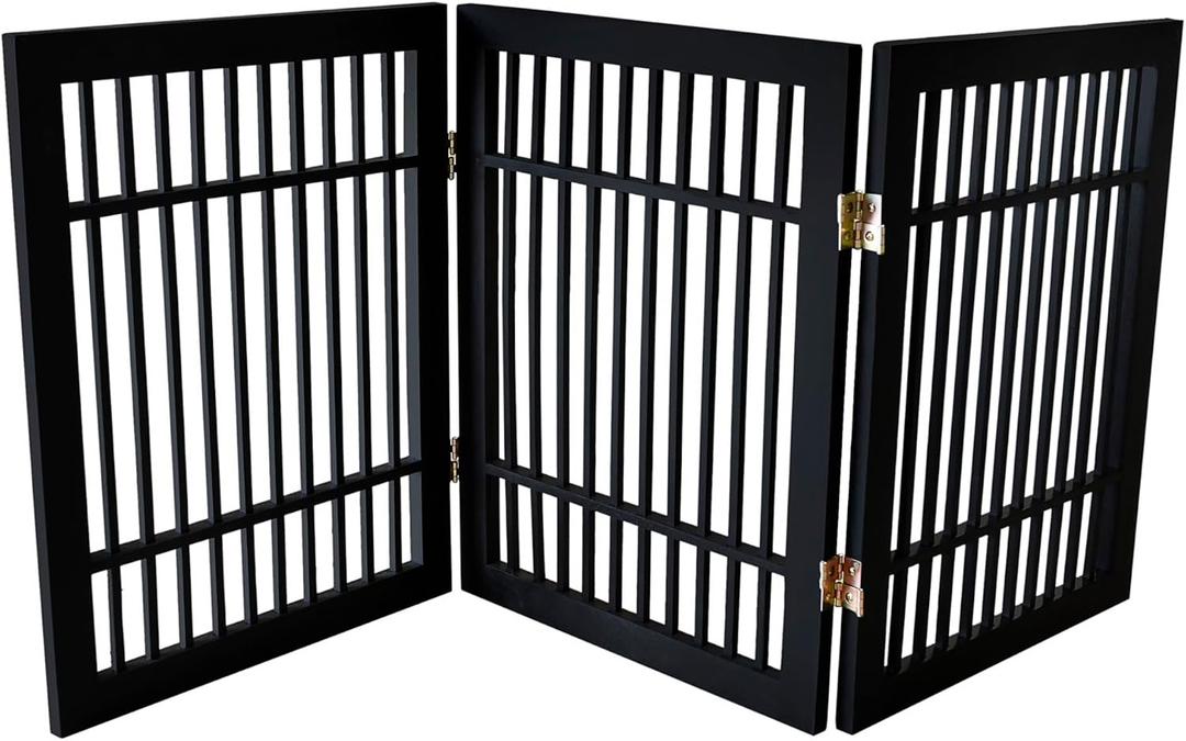 Urnporium Pet Dog Gate Freestanding, Strong Durable Folding Wooden Fence, Portable Acacia Hardwood Safety Barrier for Indoor & Outdoor Use (Black Pet Gate, 3 Panel 24" Tall)