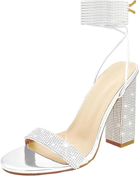Women's Sparkly Rhinestones Sandals for Women Ankle Strappy Chunky Block Heels Sandals
, Size 7.5
