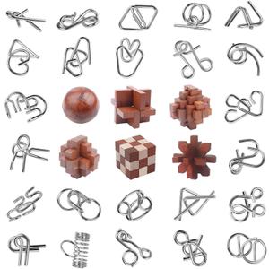 30pcs Brain Teaser Puzzles Game for Adults and Kids Ancient Wooden and Metal Puzzles 3D Educational Toys IQ Logic Train Family Games Party Favor Coffee Time Unlock Interlock Puzzles Box