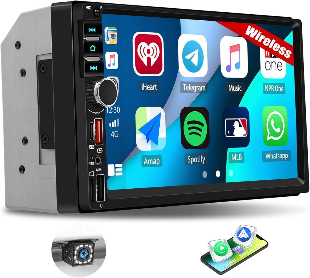Double Din Car Stereo Wireless Apple Carplay and Android Auto, 7 Inch Touch Screen Radio with Bluetooth, 2 Din MP5 Car Multimedia Player Support USB Type-C Charging EQ FM Radio Backup Camera